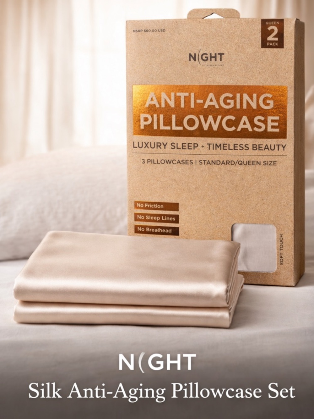 NIGHT Anti-Aging Silk Pillowcases 2 Pack Satin Soft Luxury Beauty Sleep